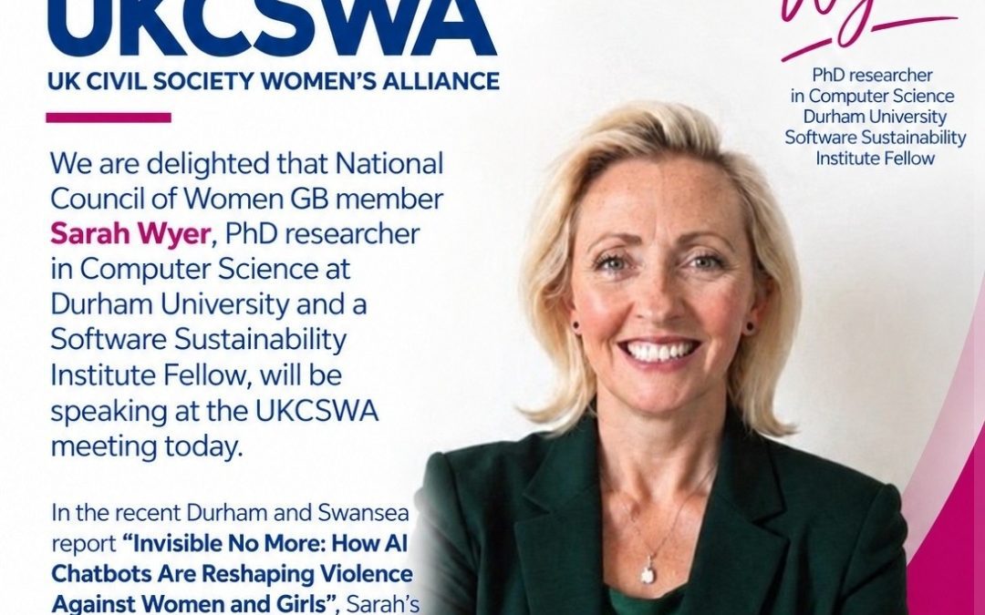 National Council of Women GB member Sarah Wyer, PhD researcher in Computer Science at Durham University and a Software Sustainability Institute Fellow, will be speaking at the UKCSWA meeting